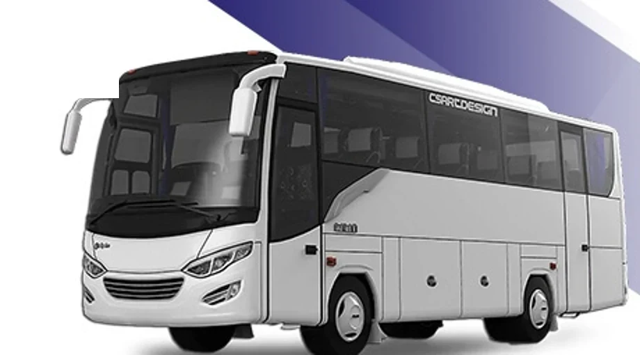 Bus medium putih untuk layanan rental mobil di Depok